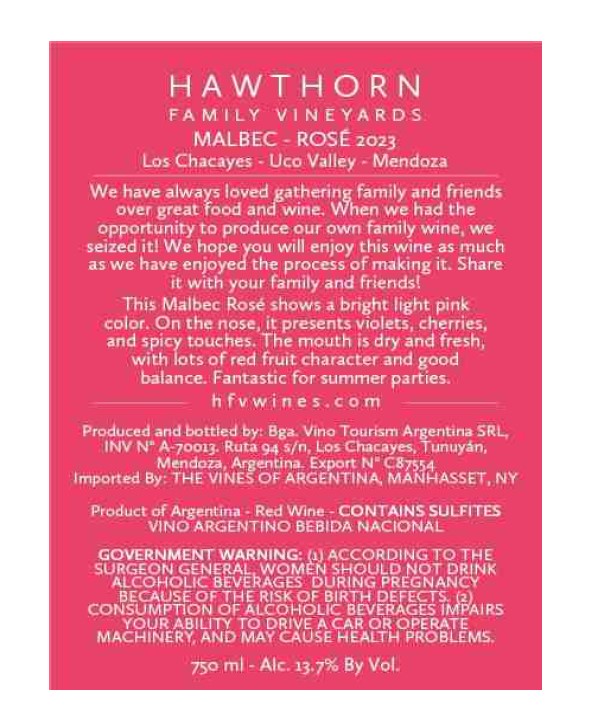 TABC label artwork for HAWTHORN FAMILY VINEYARDS MALBEC ROSE
