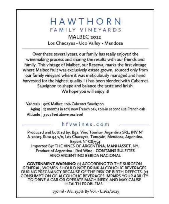 TABC label artwork for HAWTHORN FAMILY VINEYARDS MALBEC RESERVA