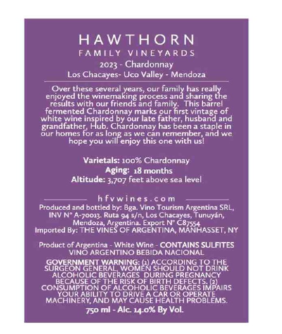TABC label artwork for HAWTHORN FAMILY VINEYARDS CHARDONNAY