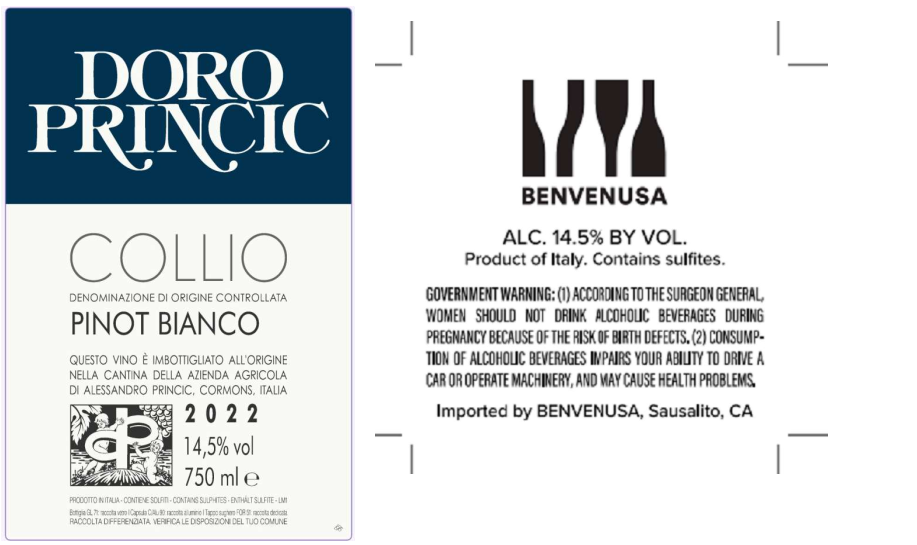TABC label artwork for Doro Princic Pinot Bianco Collio