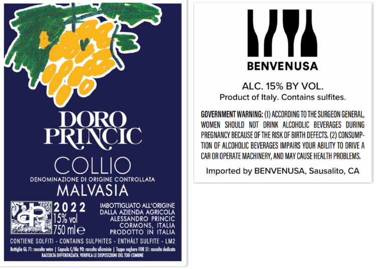 TABC label artwork for Doro Princic Malvasia Collio
