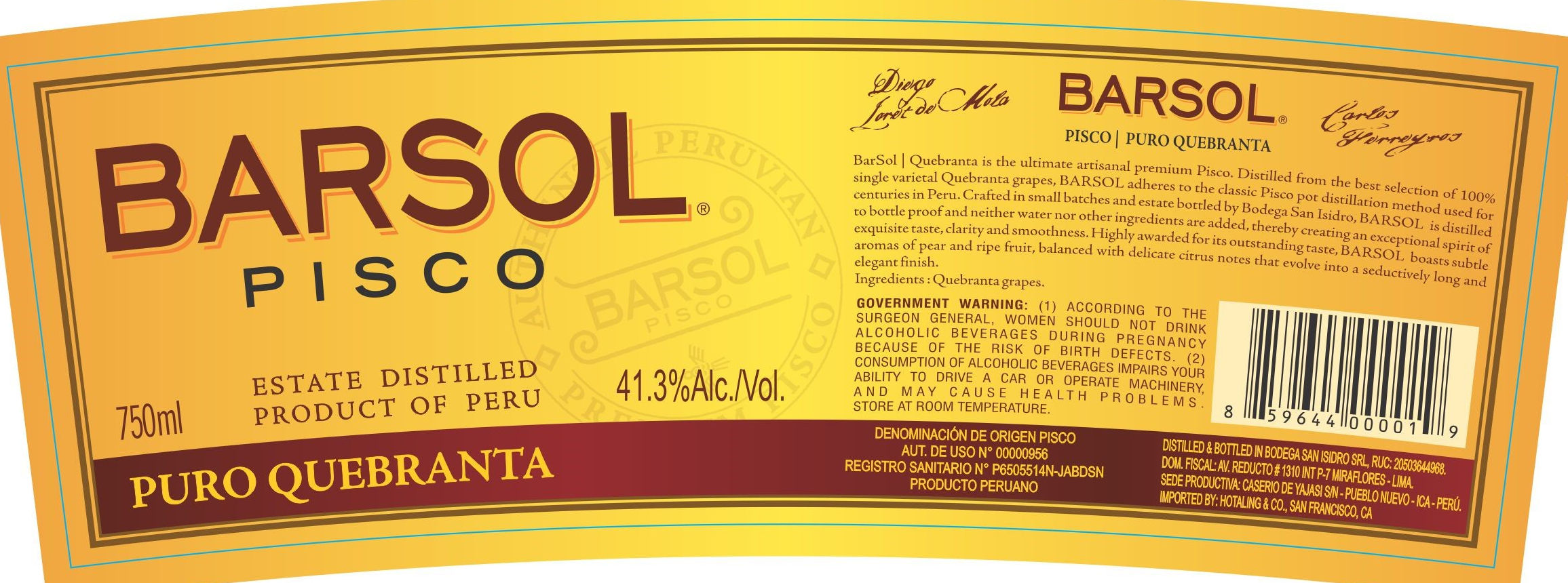 TABC label artwork for Barsol Pisco Puro Quebranta Pisco