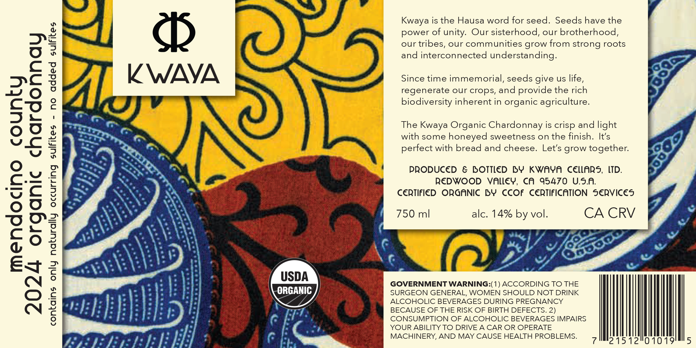 TABC label artwork for Kwaya Organic Chardonnay