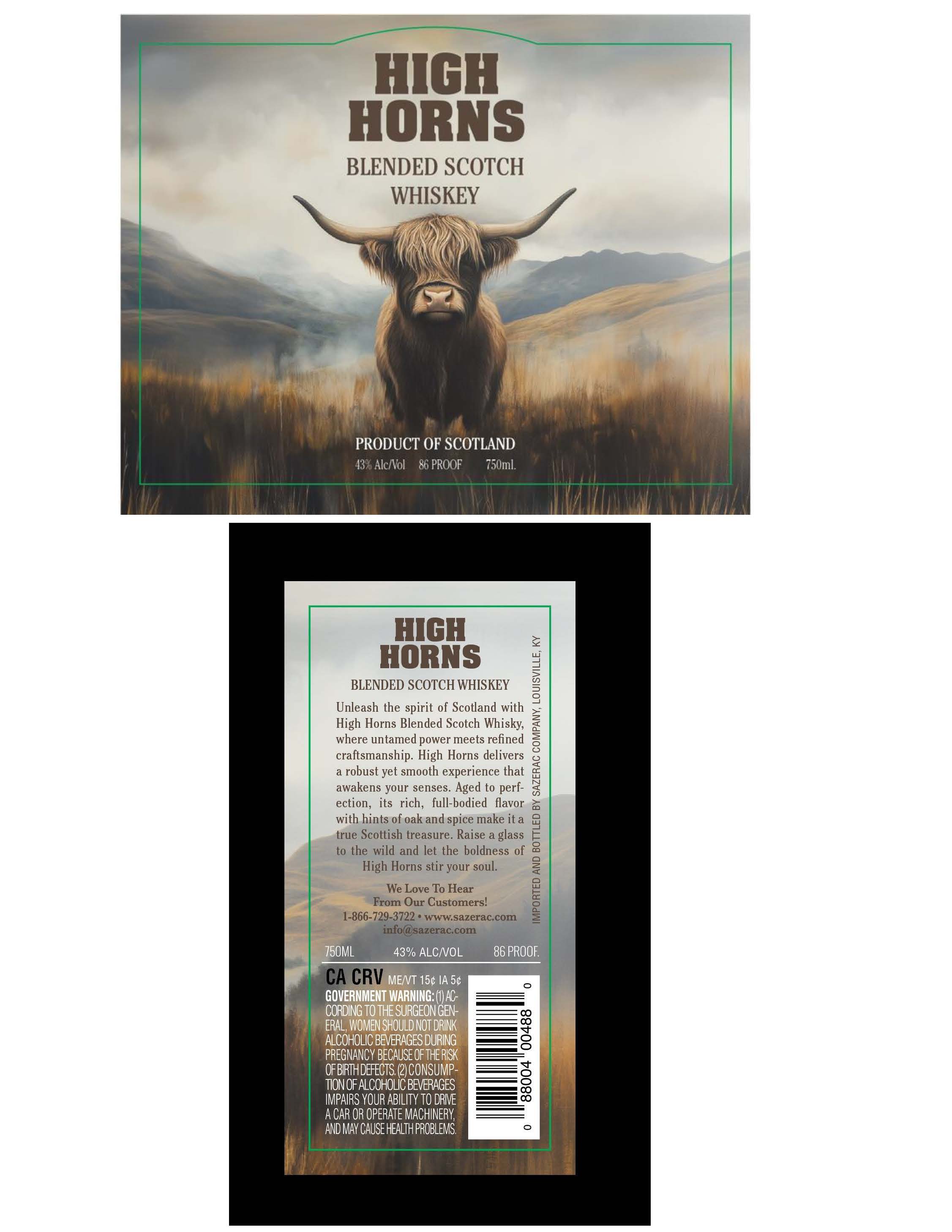 TABC label artwork for High Horns Blended Scotch Whiskey