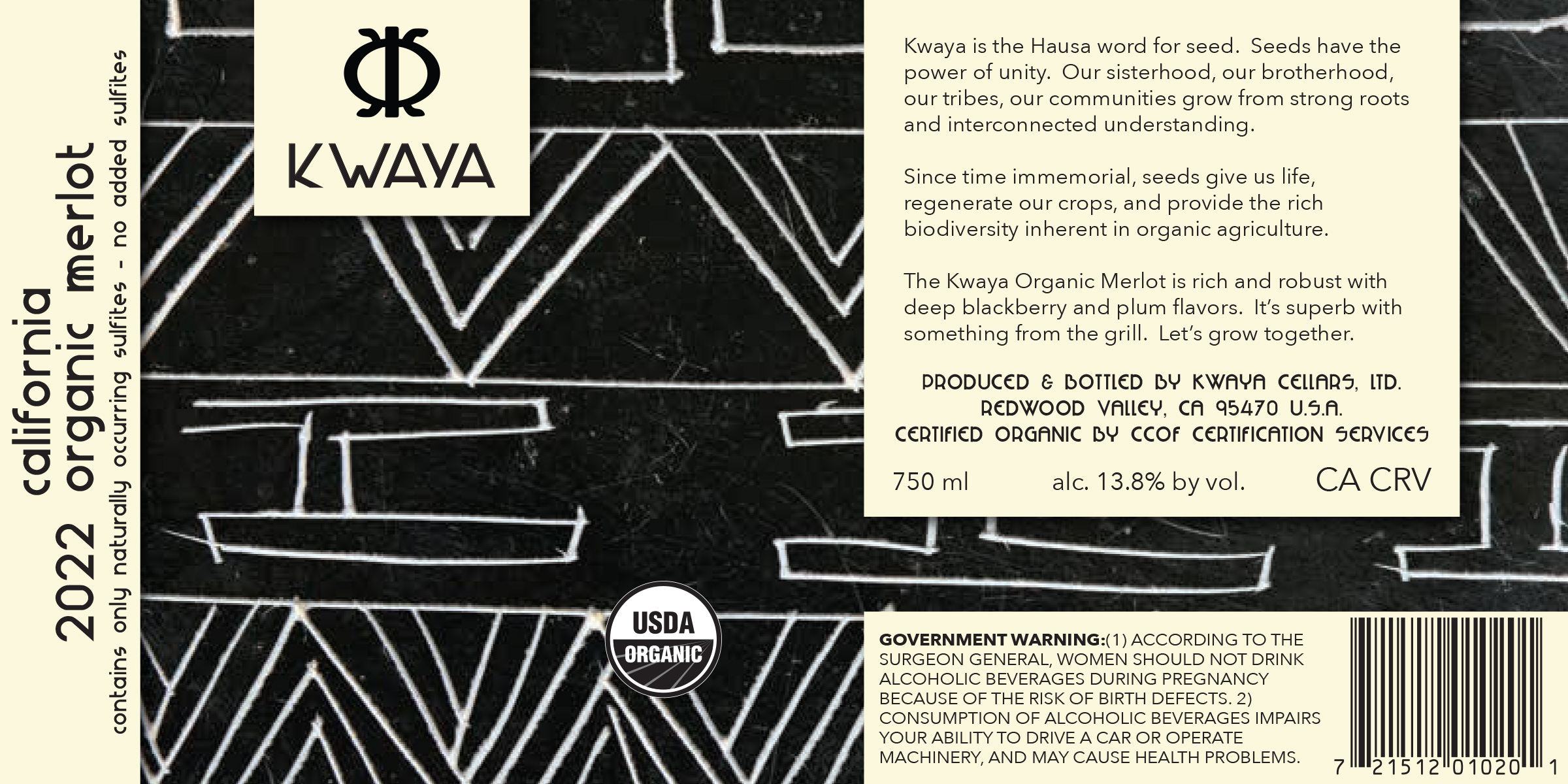 TABC label artwork for Kwaya Organic Merlot