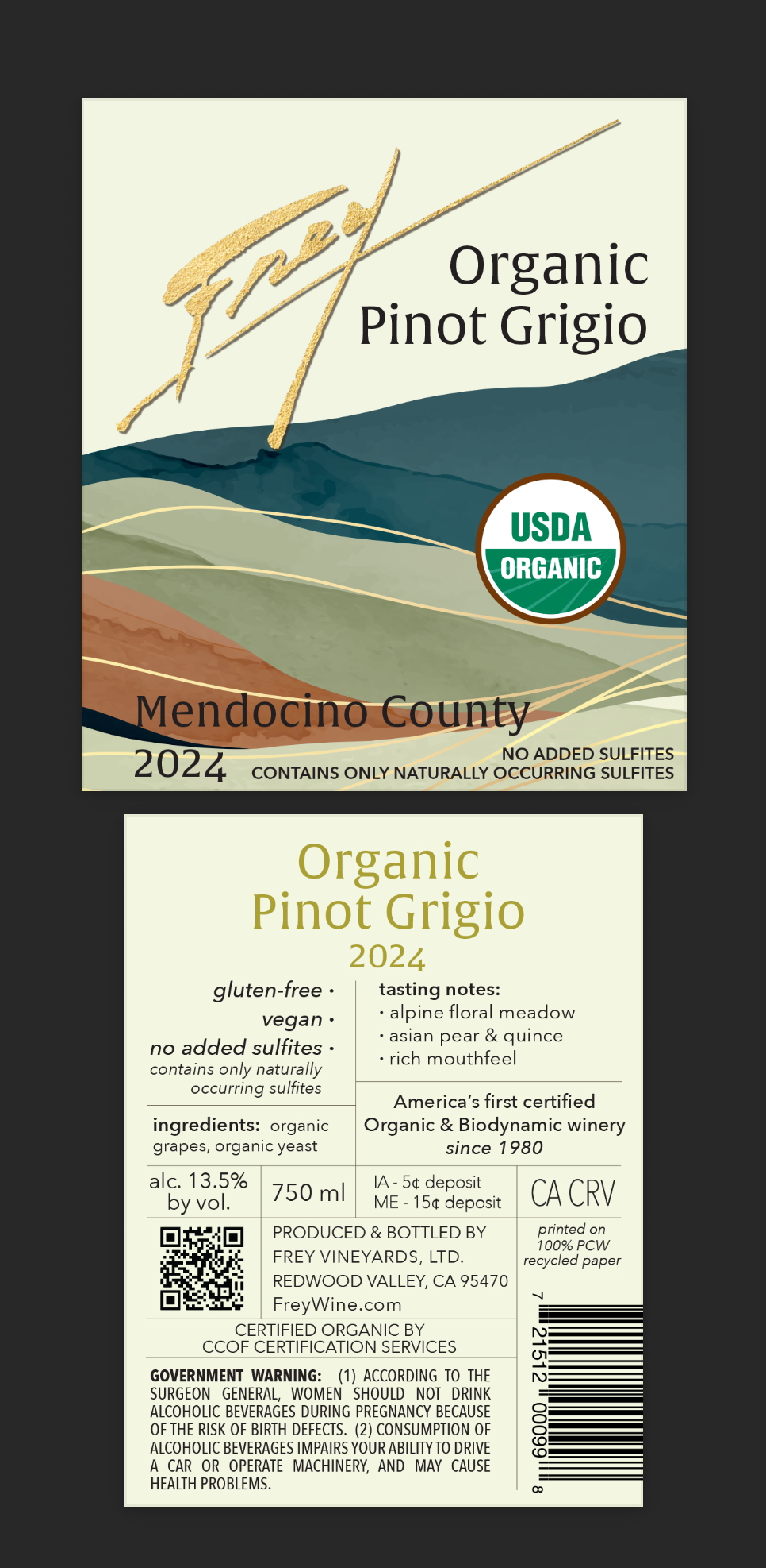 TABC label artwork for Frey Organic Pinot Grigio