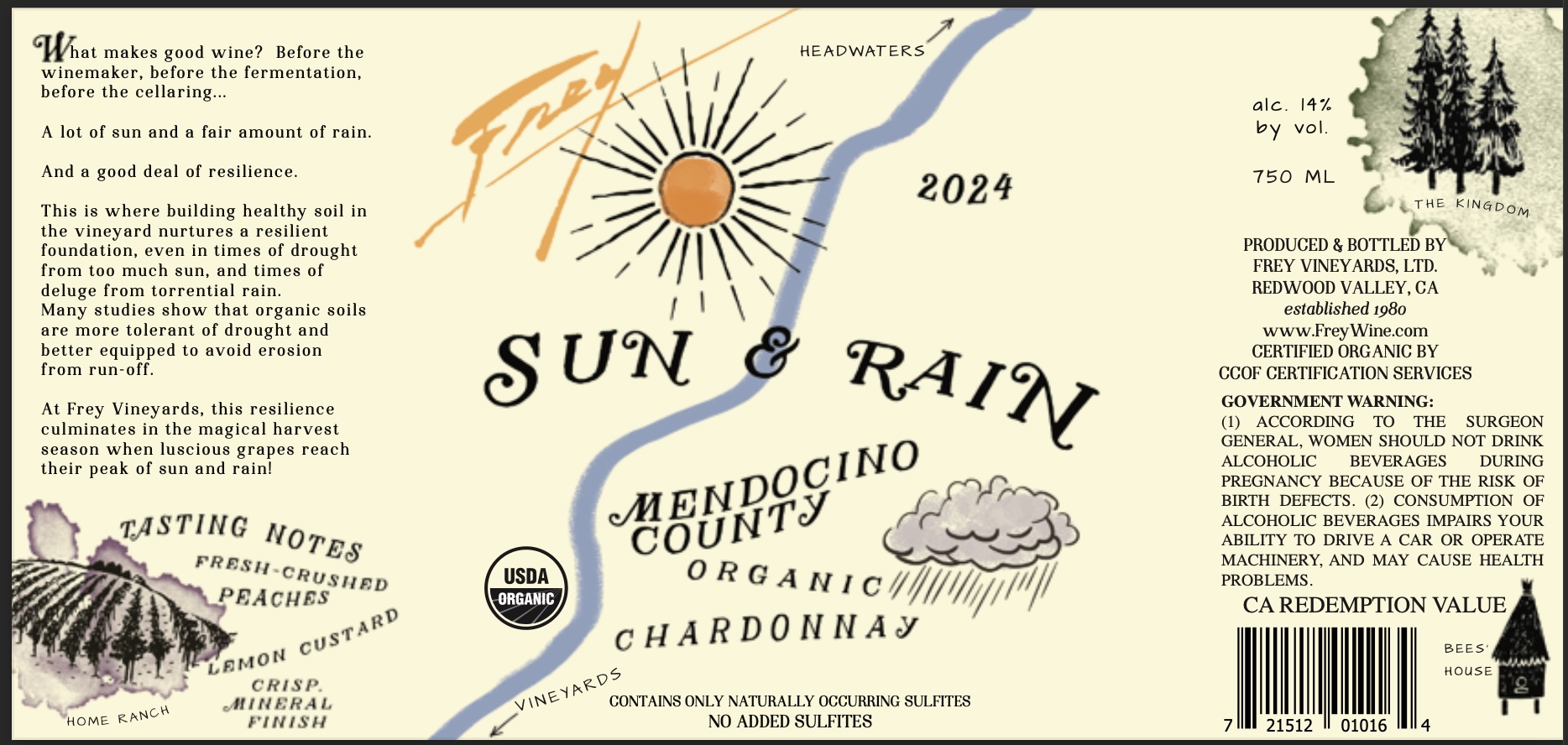 TABC label artwork for Frey Sun & Rain Organic Chardonnay