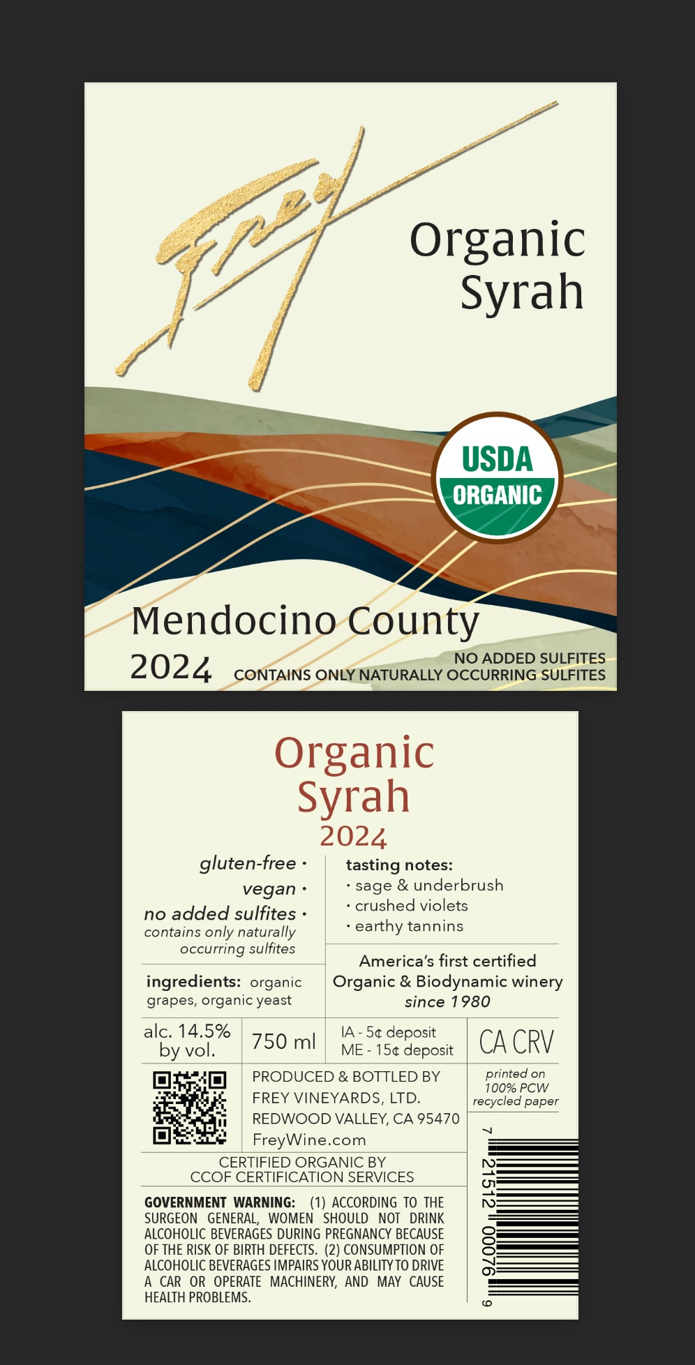 TABC label artwork for Frey Organic Syrah