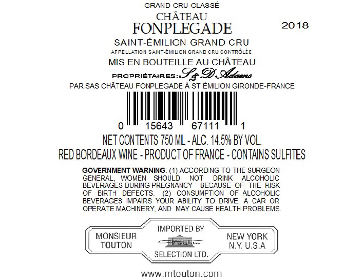 TABC label artwork for CHATEAU FONPLEGADE SAINT- EMILION GRAND CRU