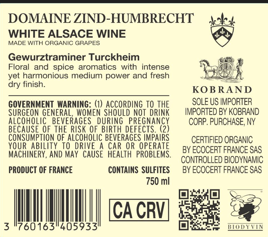 TABC label artwork for Domaine Zind-Humbrecht Gewurztraminer