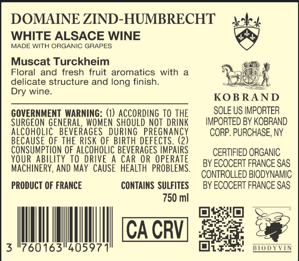 TABC label artwork for Domaine Zind-Humbrecht Muscat
