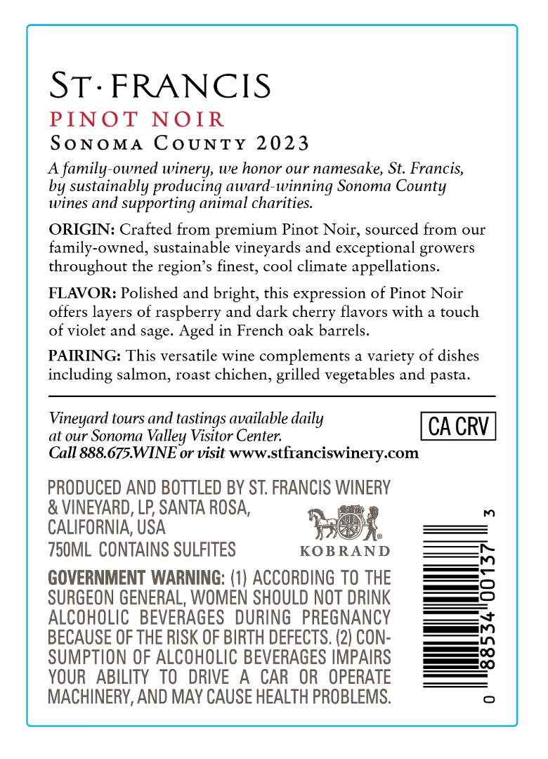 TABC label artwork for St. Francis Pinot Noir