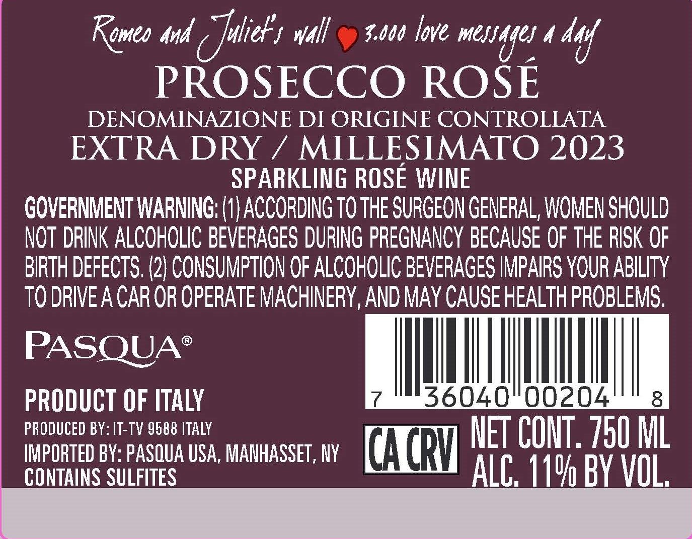TABC label artwork for Pasqua Romeo and Juliet's Wall Prosecco Rose