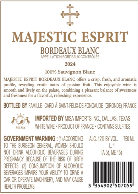 TABC label artwork for MAJESTIC ESPRIT BORDEAUX BLANC
