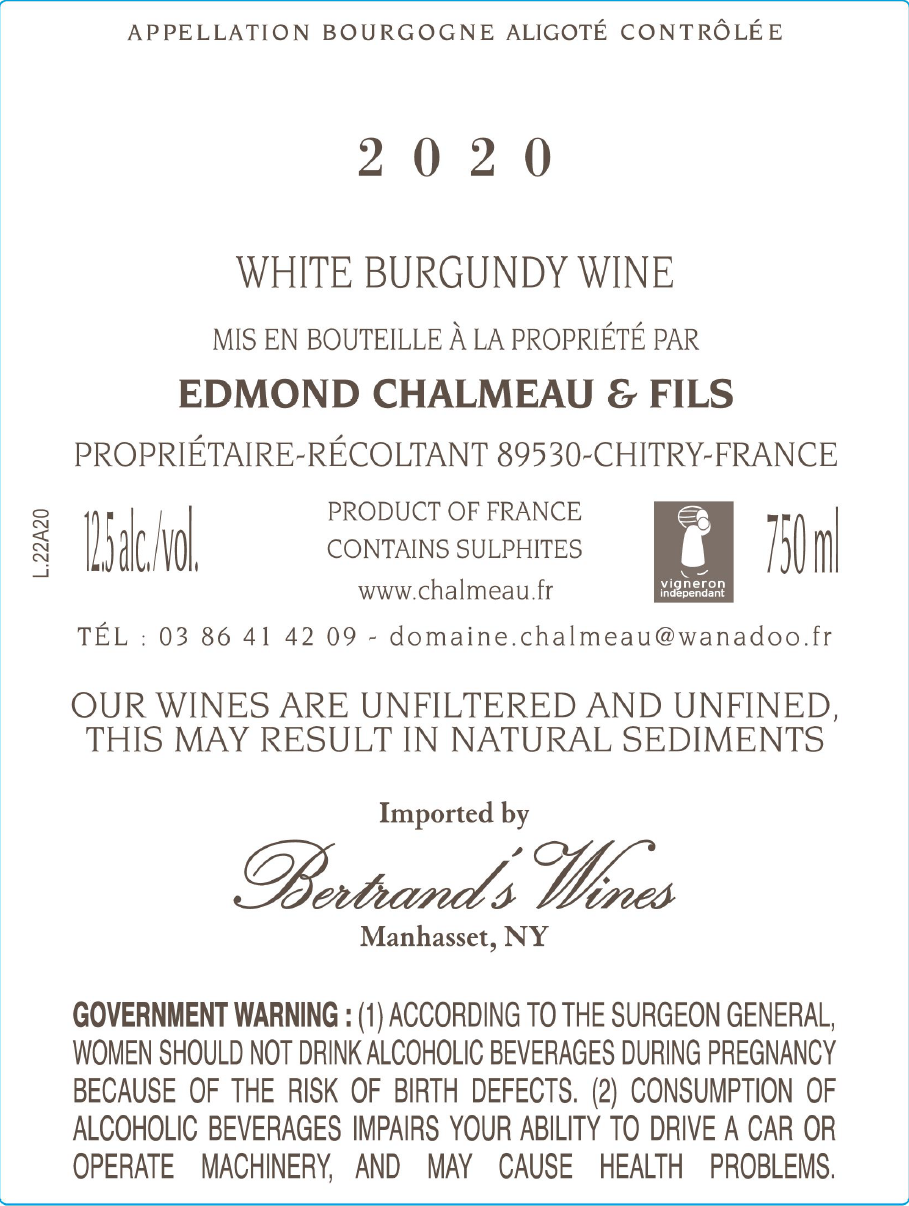 TABC label artwork for EDMOND CHALMEAU & FILS BOURGOGNE ALIGOTE WHITE
