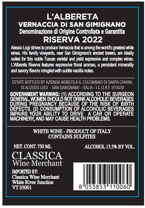 TABC label artwork for Colombaio Di Santa Chiara L'Albereta