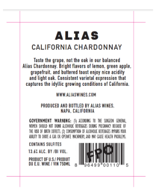 TABC label artwork for Alias Chardonnay, California