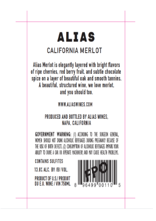 TABC label artwork for Alias Merlot, California