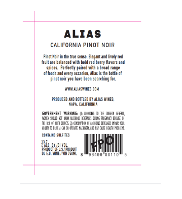 TABC label artwork for Alias Pinot Noir, California