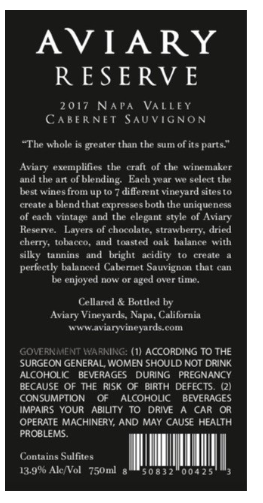 TABC label artwork for AVIARY RESERVE CABERNET SAUVIGNON