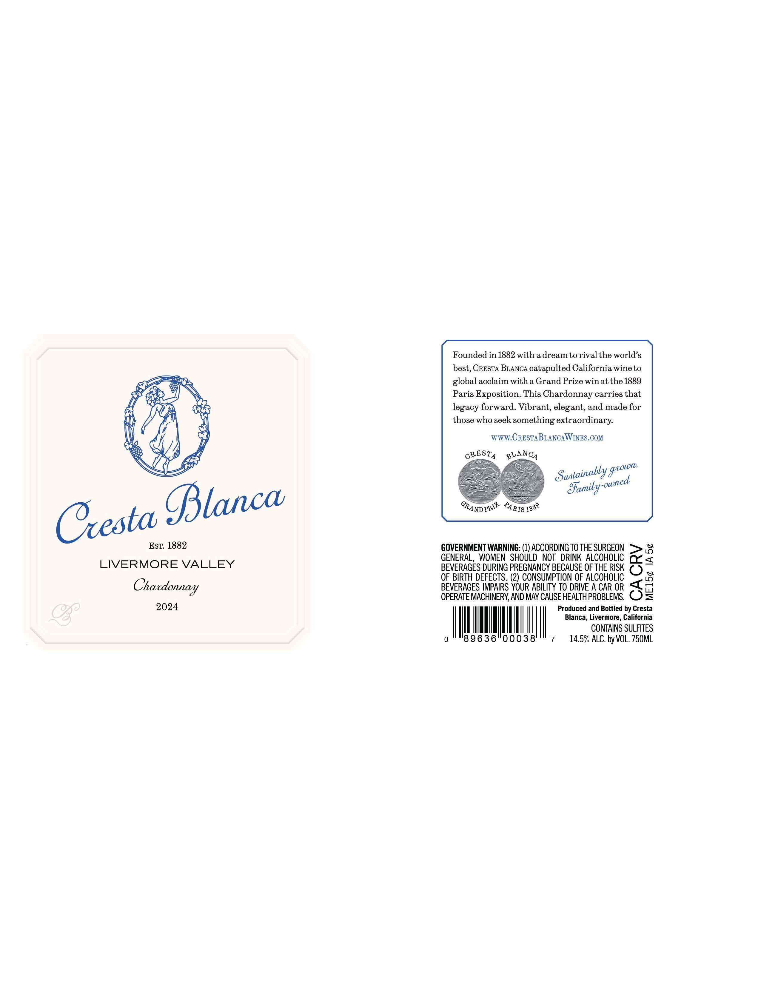 TABC label artwork for Cresta Blanca Chardonnay