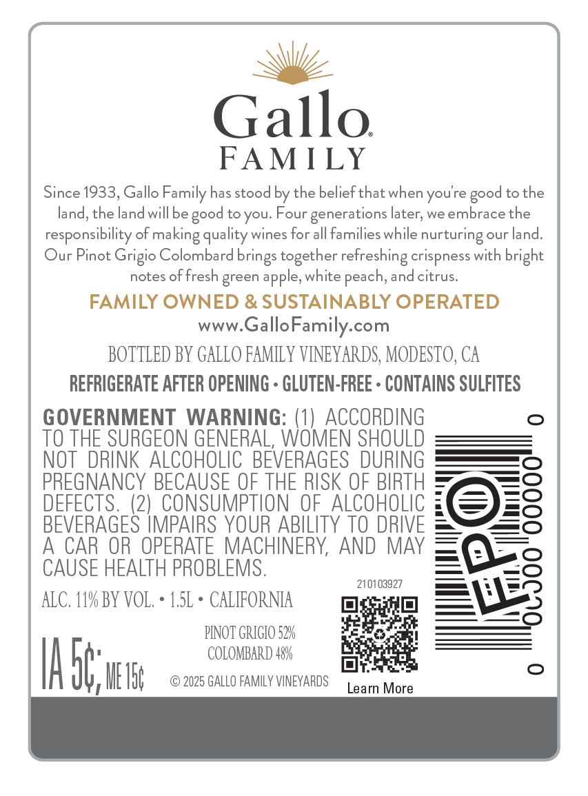 TABC label artwork for Gallo Family Pinot Grigio, Colombard California