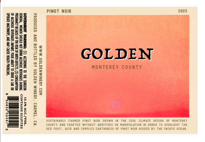 TABC label artwork for Golden Winery Pinot Noir, Monterey