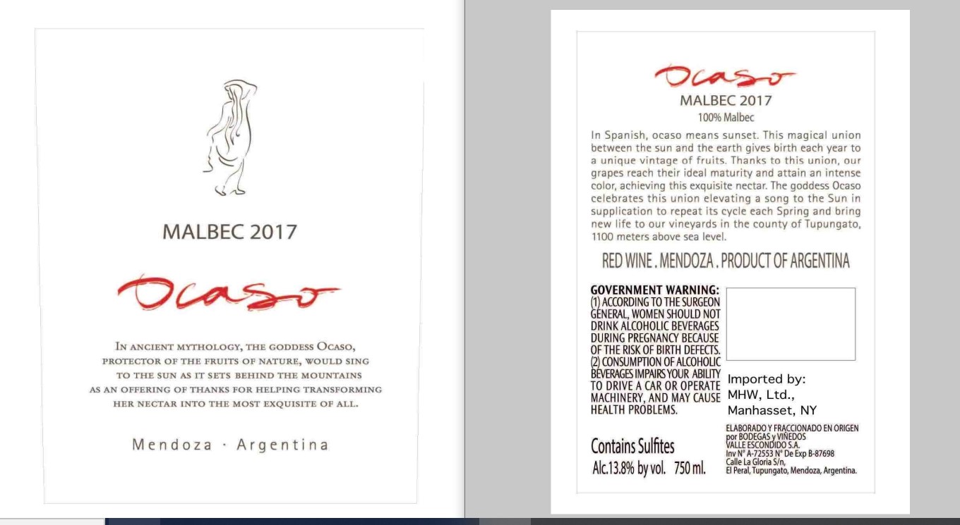 TABC label artwork for Ocaso Malbec