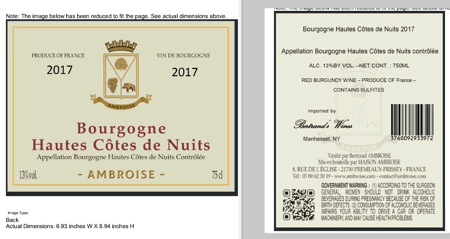 TABC label artwork for AMBROISE Bourgogne Hautes Cotes de Nuits Red