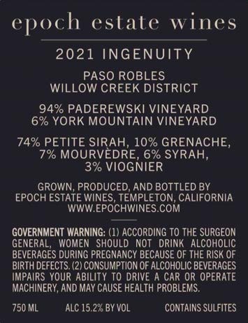 TABC label artwork for Epoch Estate Wines Red Wine Ingenuity Paso Robles Willow Creek District