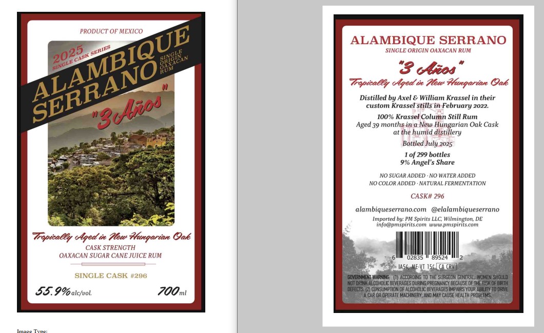 TABC label artwork for Alambique Serrano 3 Anos - #296
