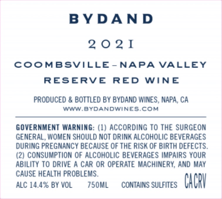 TABC label artwork for Bydand Coombsville Reserve Red Wine