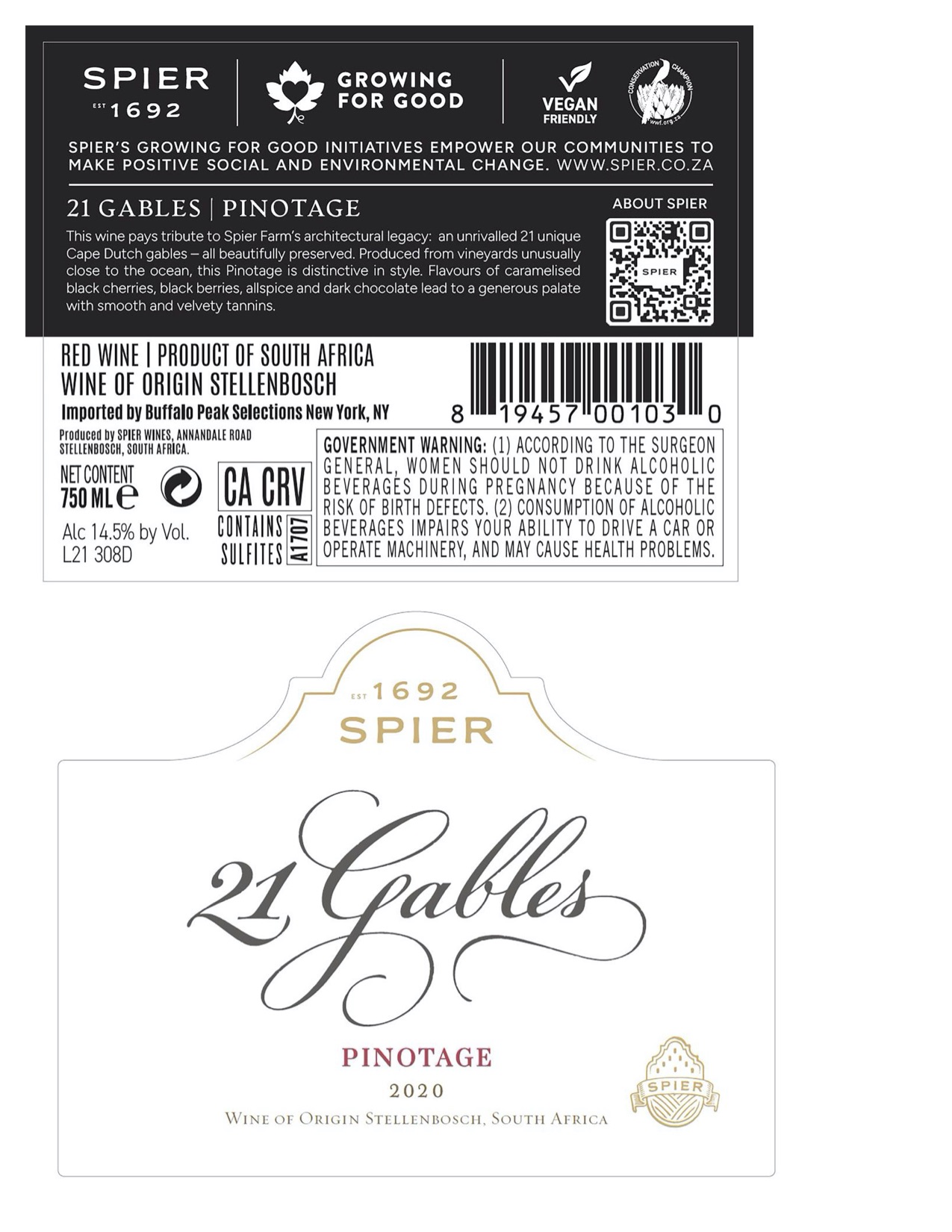 TABC label artwork for Spier 21 Gables Pinotage