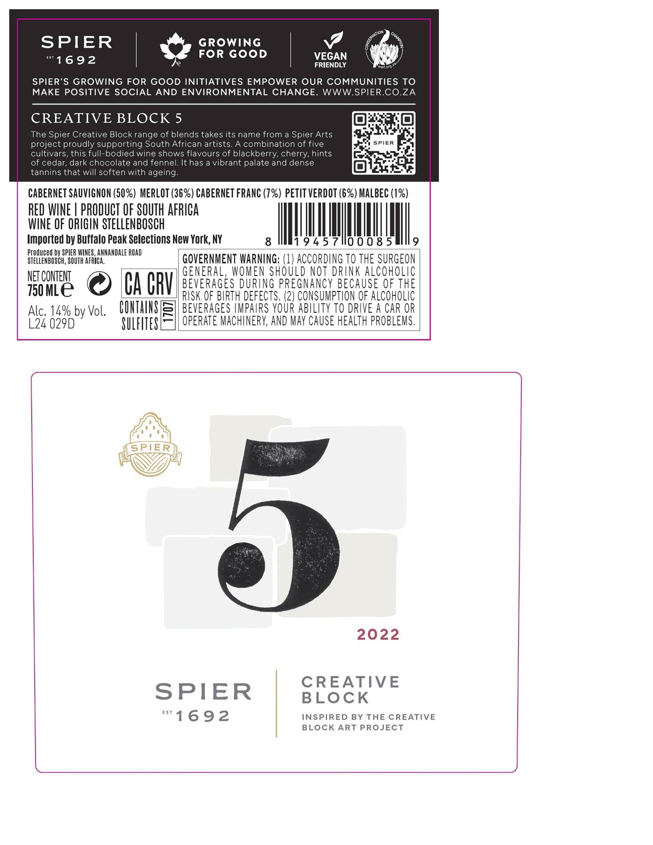TABC label artwork for Spier Creative Block #5 Red Blend