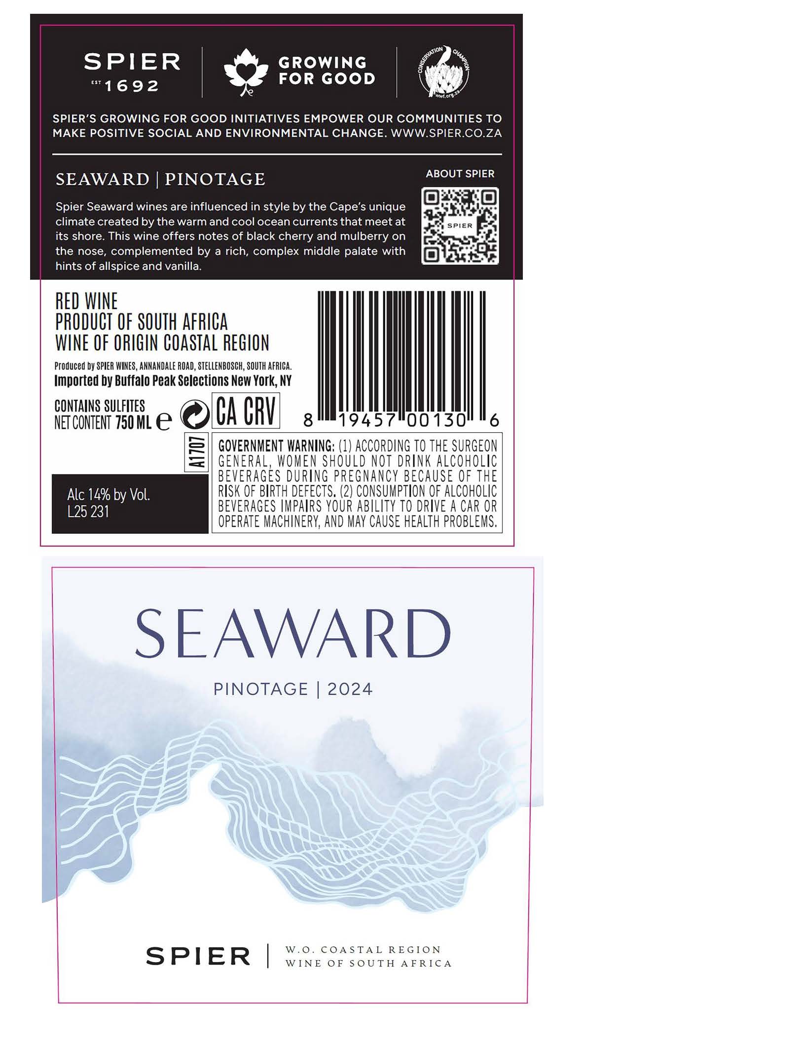 TABC label artwork for Spier Seaward Pinotage
