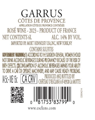 TABC label artwork for Chateau D'esclans Garrus Rose