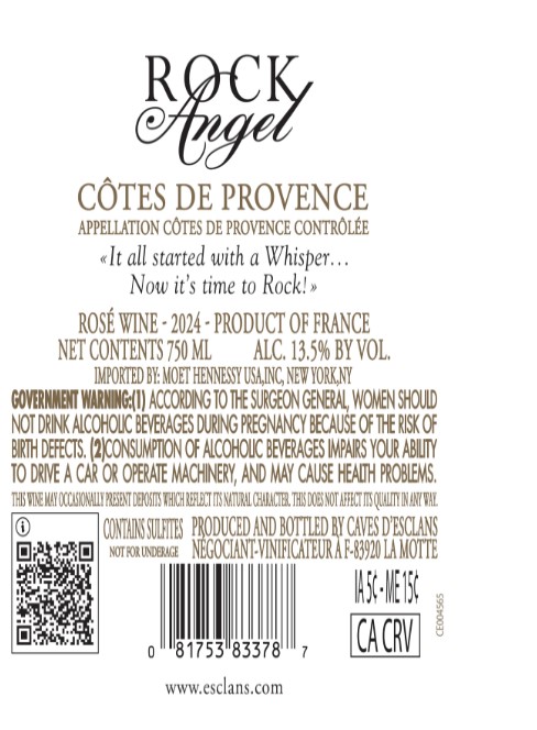 TABC label artwork for Chateau D'esclans Rock Angel