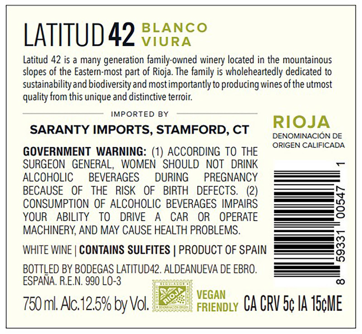 TABC label artwork for Latitud 42 Blanco