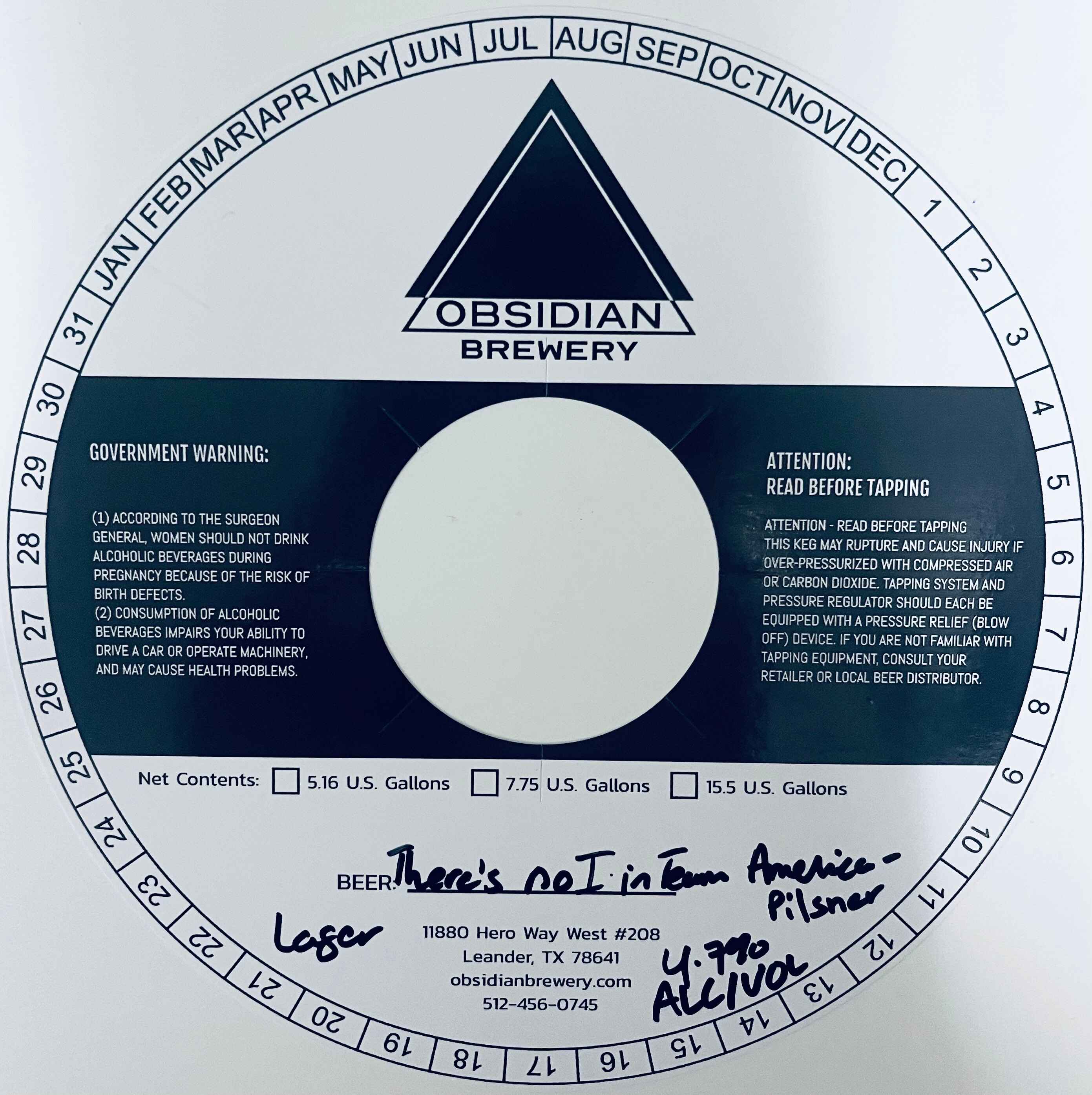 TABC label artwork for OBSIDIAN BREWERY THERE'S NO I IN TEAM AMERICA KEG