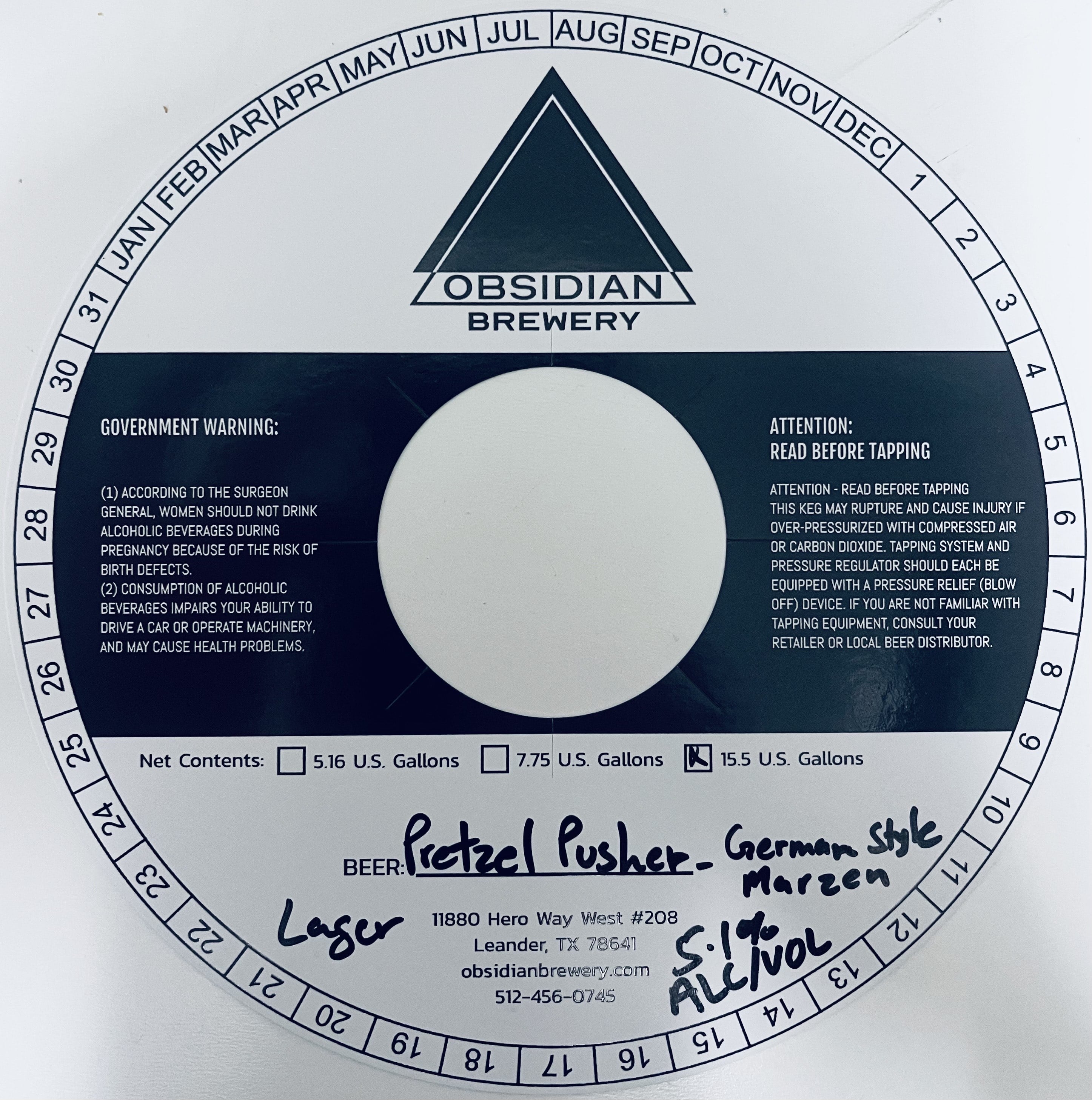 TABC label artwork for OBSIDIAN BREWERY PRETZEL PUSHER KEG