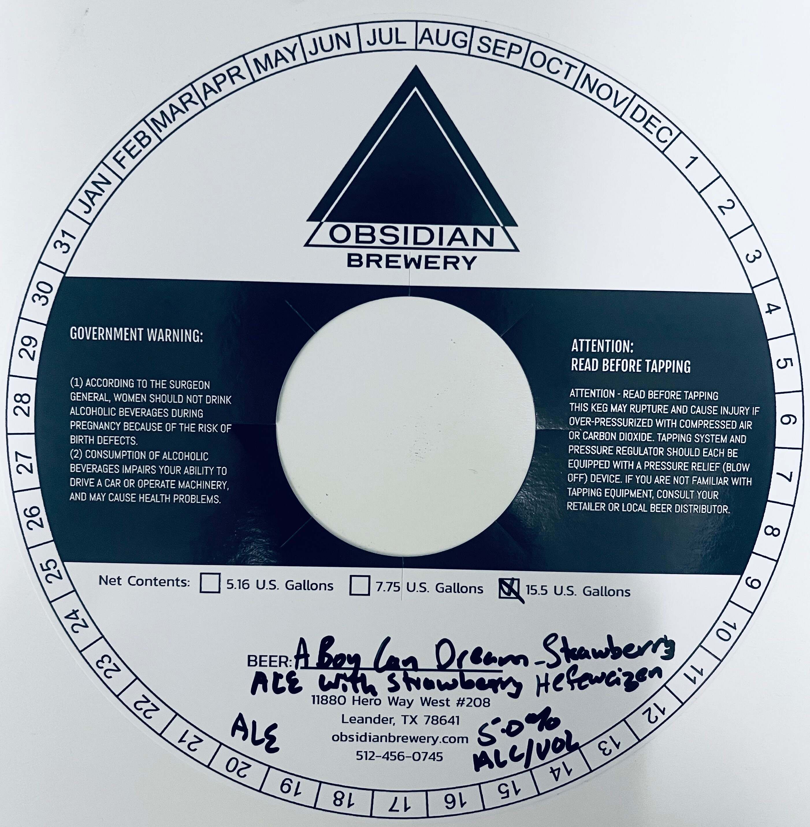 TABC label artwork for OBSIDIAN BREWERY A BOY CAN DREAM KEG