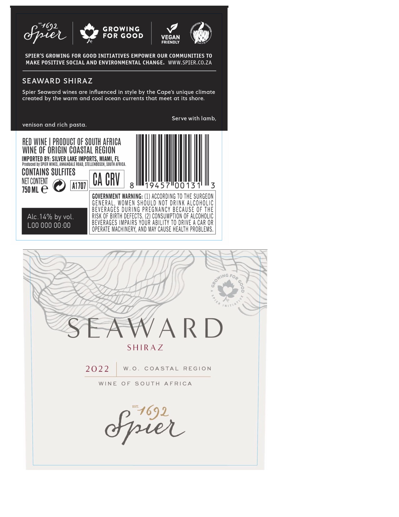 TABC label artwork for Spier Seaward Shiraz