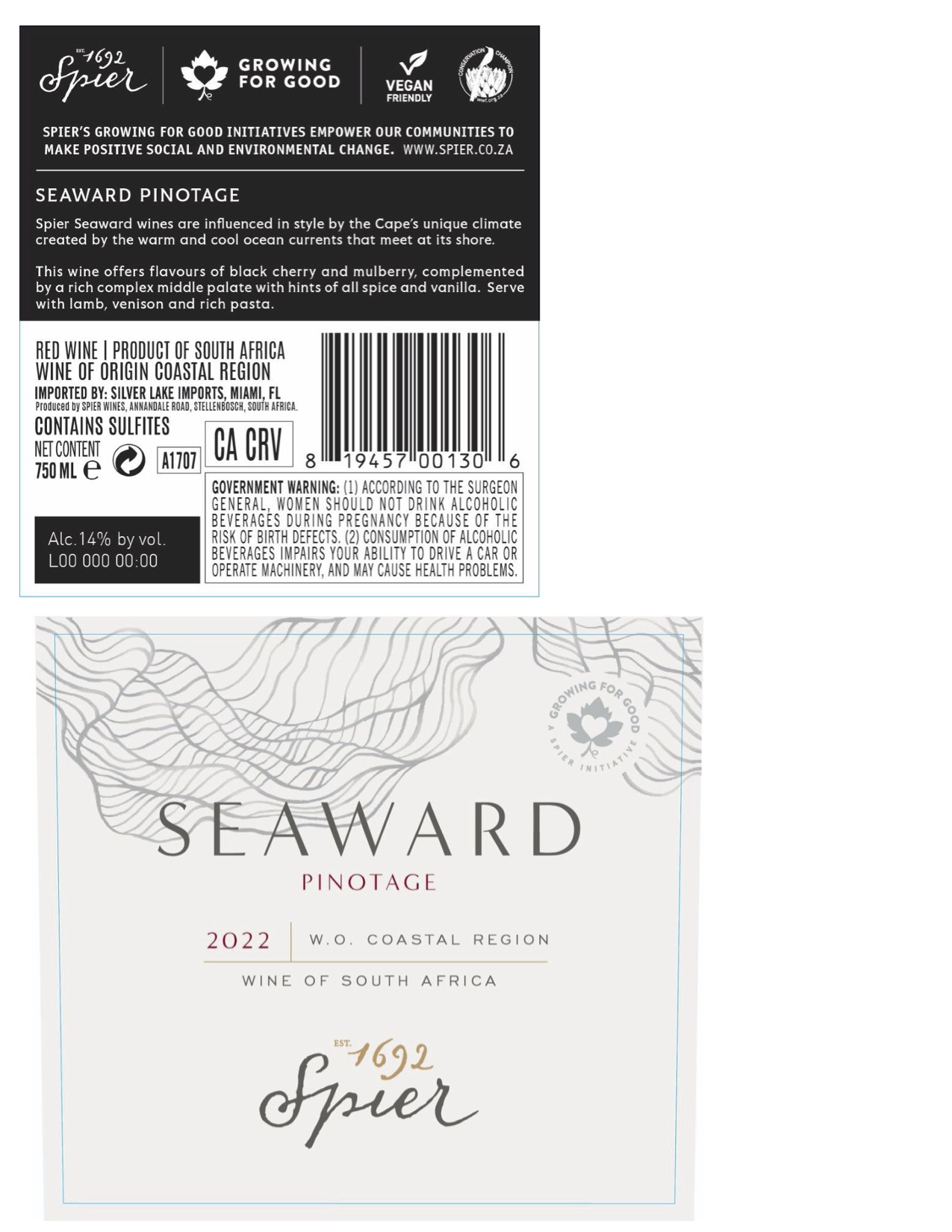 TABC label artwork for Spier Seaward Pinotage