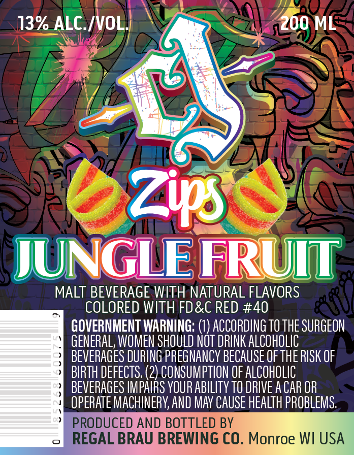 TABC label artwork for CJ Zips Jungle Fruit