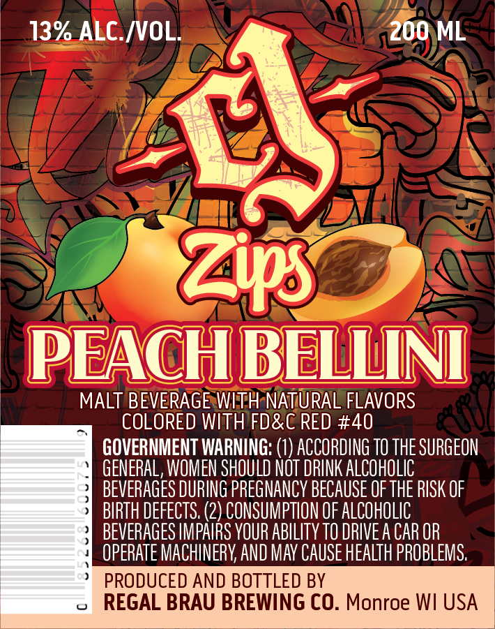 TABC label artwork for CJ Zips Peach Bellini