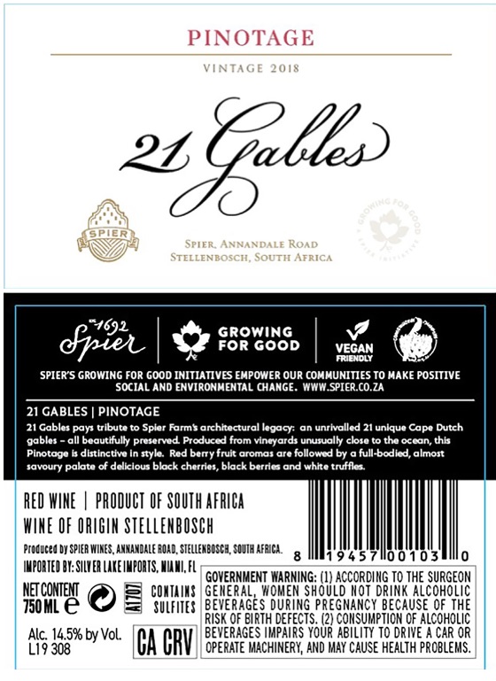 TABC label artwork for Spier 21 Gables Pinotage