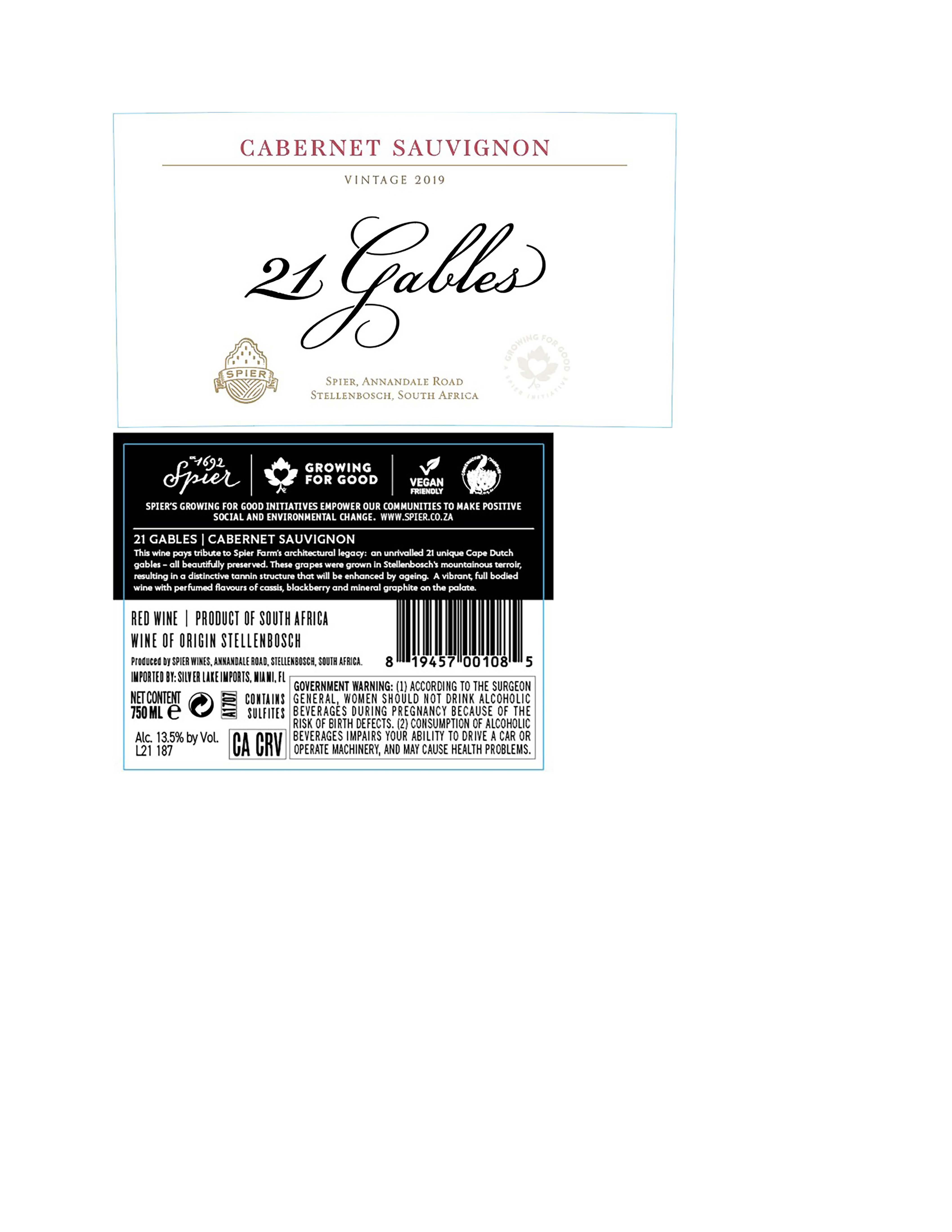 TABC label artwork for Spier 21 Gables Cabernet Sauvignon