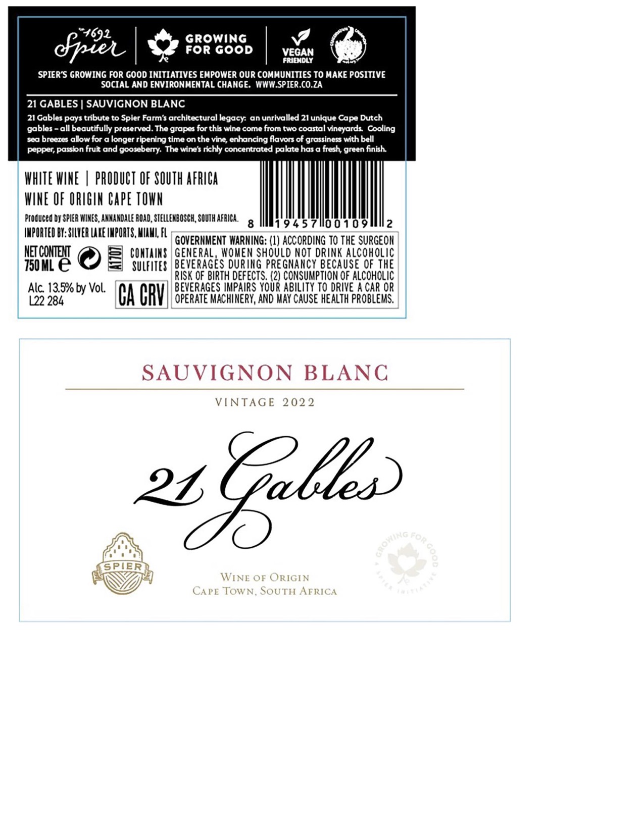 TABC label artwork for Spier 21 Gables Vintage Sauvignon Blanc