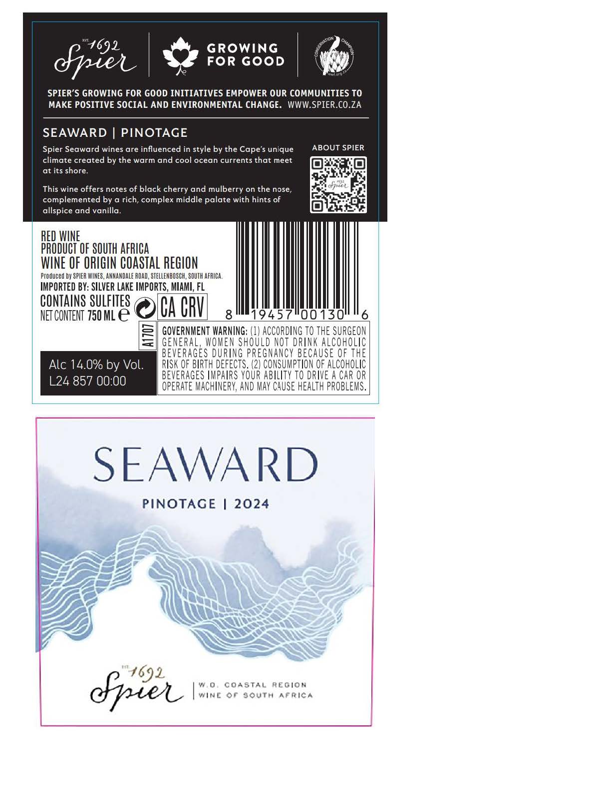 TABC label artwork for Spier Seaward Pinotage