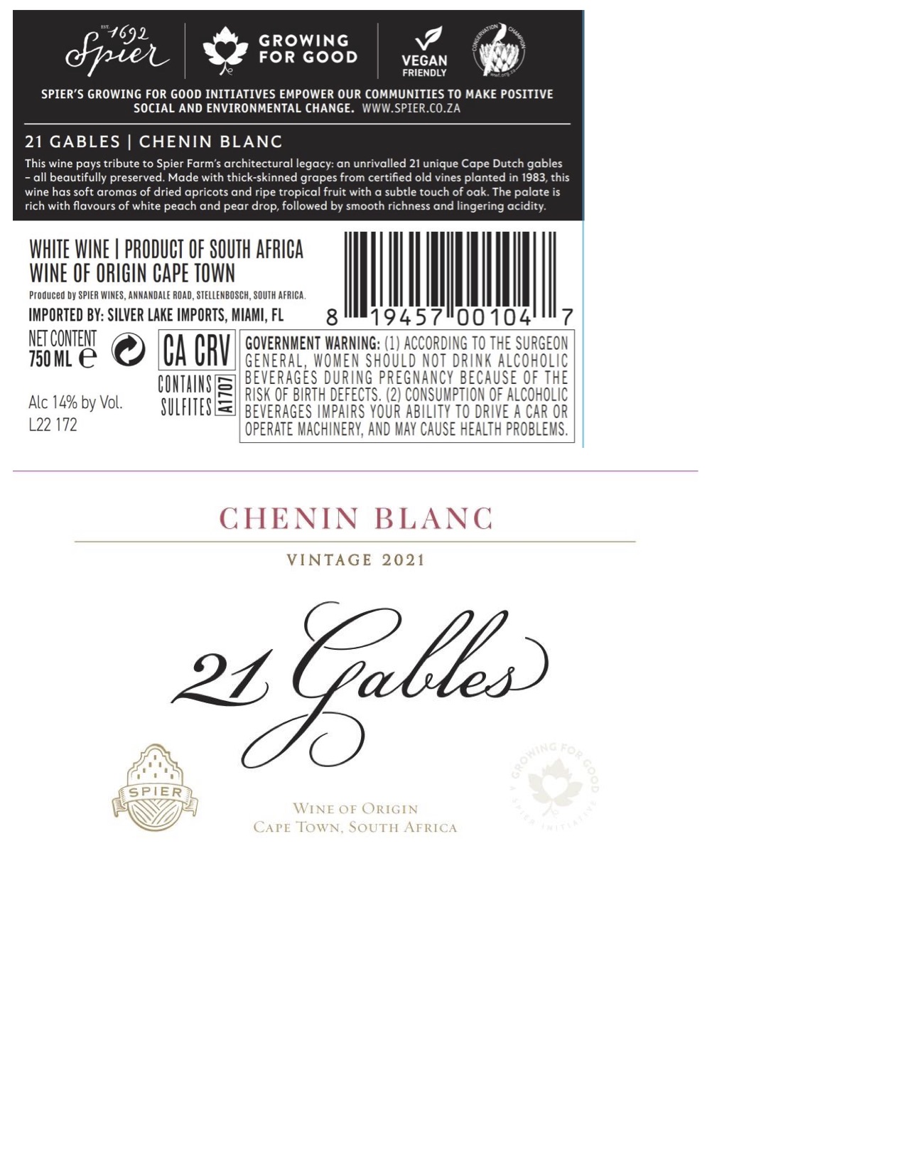 TABC label artwork for Spier 21 Gables Chenin Blanc
